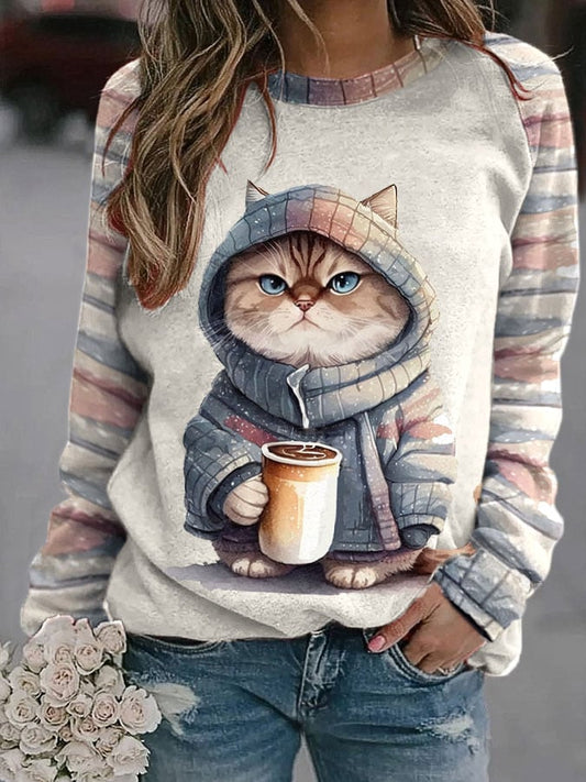 Niedliches Langarm-Sweatshirt mit Katzenmuster