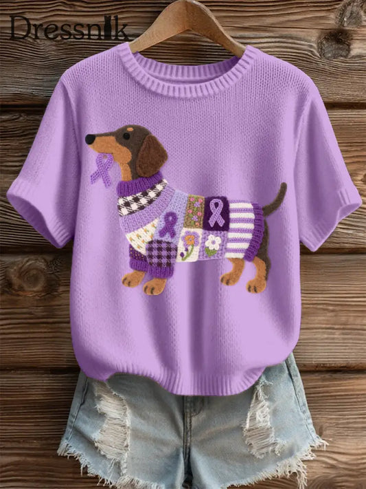 Damen Filz Kunst Dackel Muster Gemütliches Stricktop Lila / S