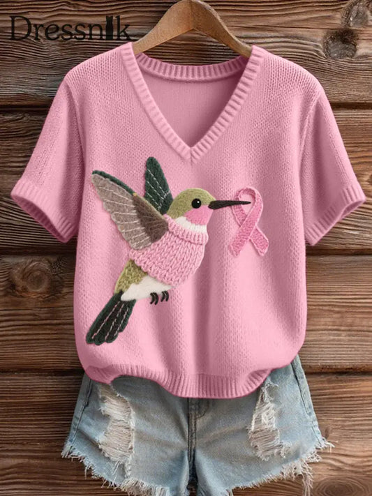 Damen Filz Kunst Kolibri Muster Gemütliches V Ausschnitt Strick oberteil Rosa / S