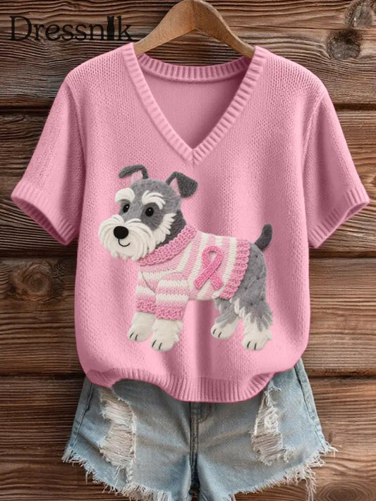 Damen Filz Kunst Schnauzer Muster Gemütliches V Ausschnitt Strick oberteil Rosa / S