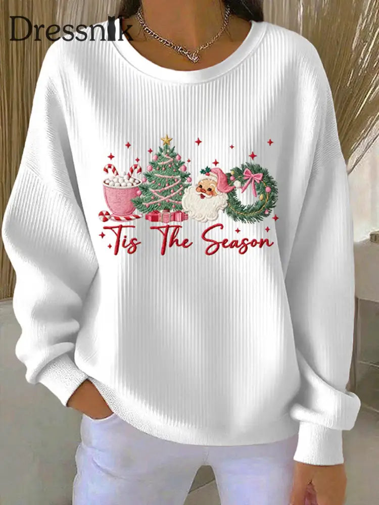 Damen Frohe Weihnachten Weihnachten Weihnachts mann Weihnachts mann Weihnachts baum Druck Gerippter Rundhals-Sweatshirt