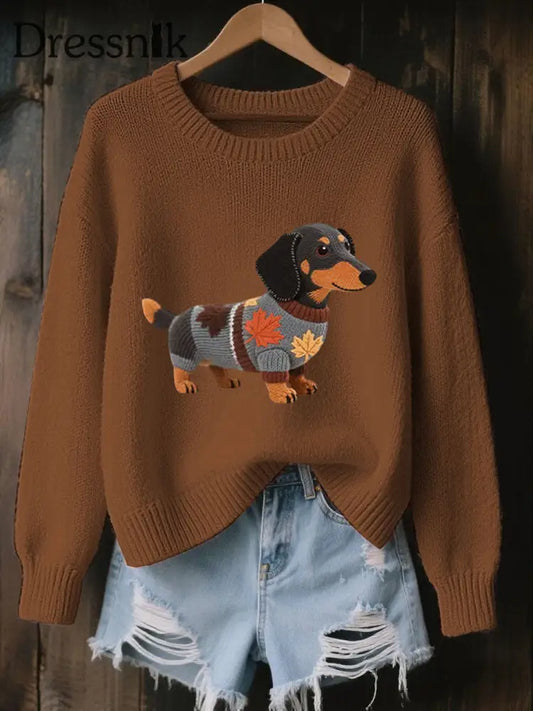 Damen Herbst Hunde Kunstdruck O Ausschnitt Sweatshirt mit langen Ärmeln Braun / S