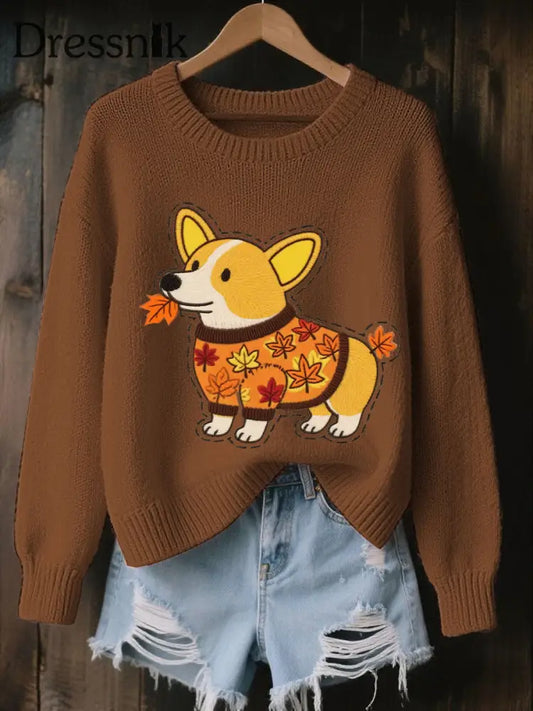 Damen Herbst Hunde Kunstdruck O Ausschnitt Sweatshirt mit langen Ärmeln Braun / S