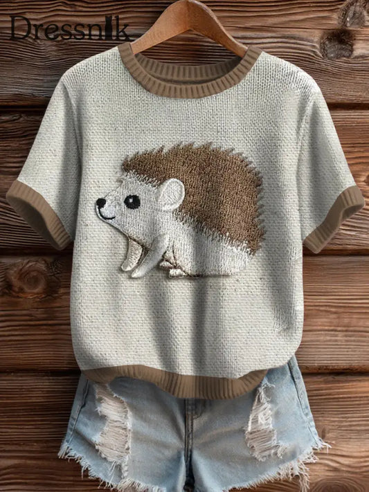 Damen Igel Print Kurzarm geknüpft Top als bild / S