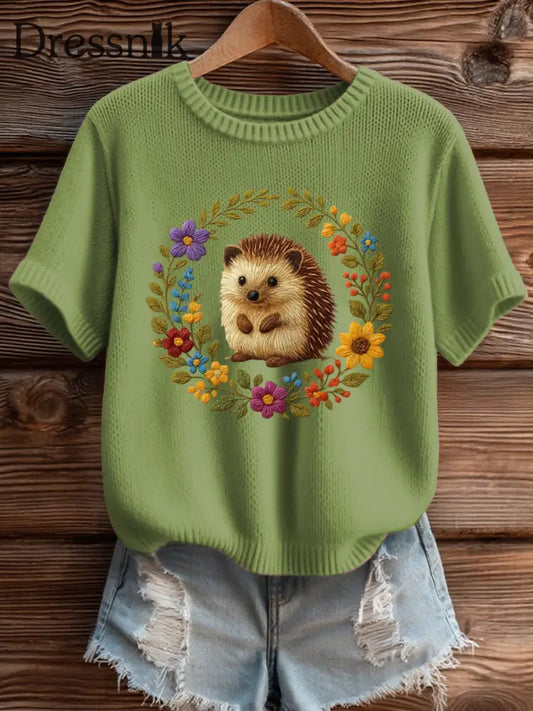 Damen Igel Print Kurzarm geknüpft Top Grün / S