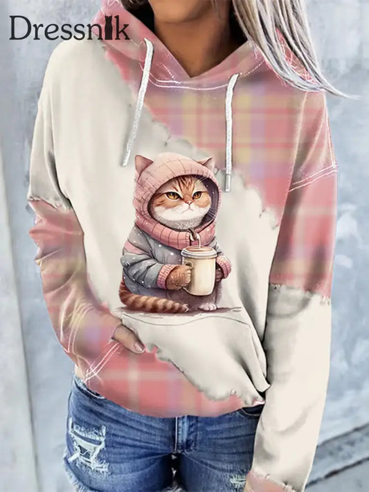 Damen Katze Bedruckt Hoodie Weiß / S