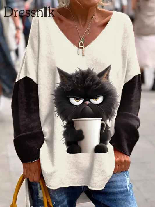 Damen katze bedruckte lässige Langarm-Tops als bild / S
