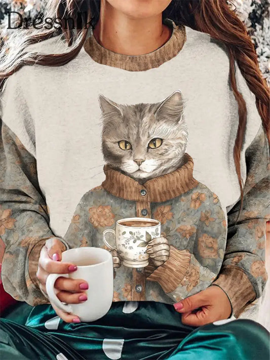 Damen Katze bedrucktes regelmäßiges Sweatshirt als bild / S