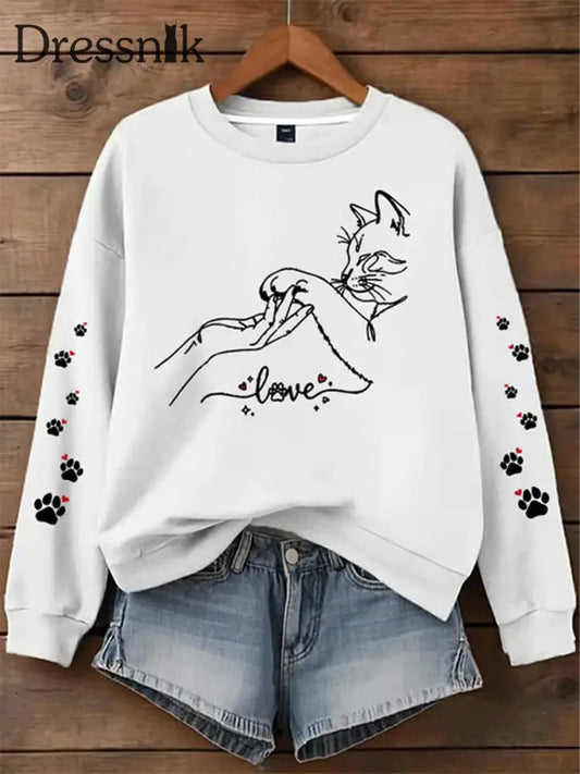 Damen Katze bedrucktes regelmäßiges Sweatshirt Weiß / S