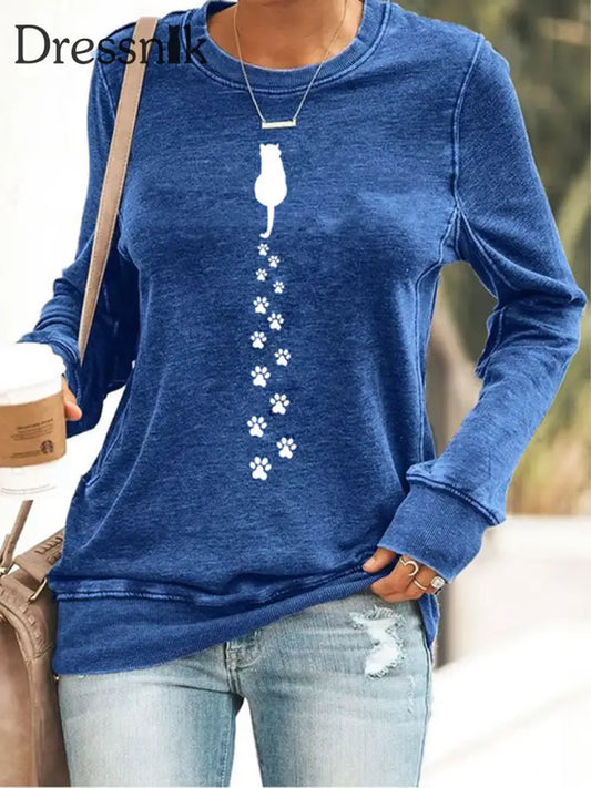 Damen Katze Bedrucktes taillites Sweatshirt Blau / S