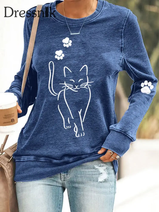 Damen Katze Bedrucktes taillites Sweatshirt Blau / S