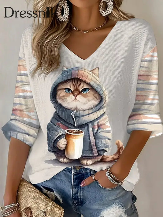 Damen Katze bedrucktes Waffel-T-Shirt als bild / S