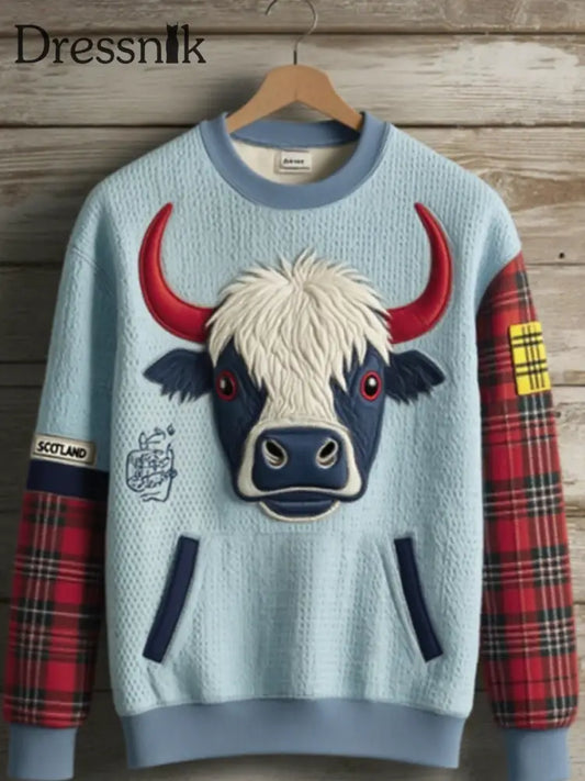 Damen niedliche Highland Kuh Langarm Schottisches Kariertes Patchwork übergroßes Sweatshirt als bild / S
