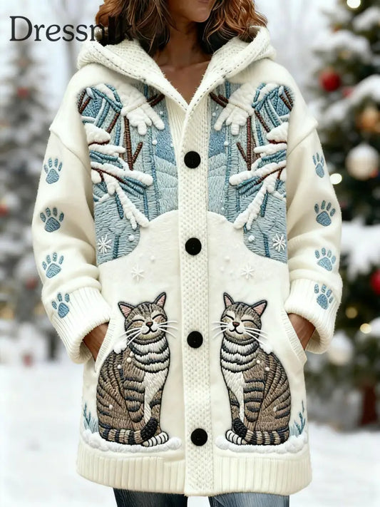 Damen niedliche Katze Schnee Szene Print Casual Mittellange Kapuzen strickjacke Cremig-Weiß / S