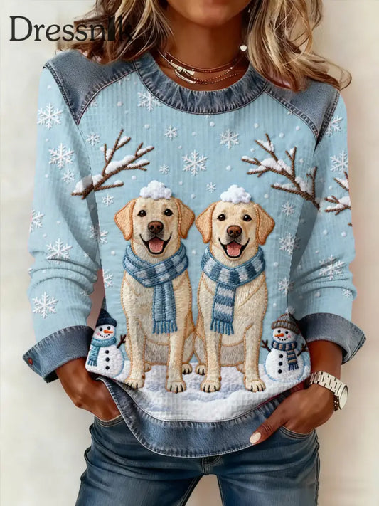 Damen niedliche Winter hunde drucken Hunde liebhaber lässig Sweatshirt hellblau / S