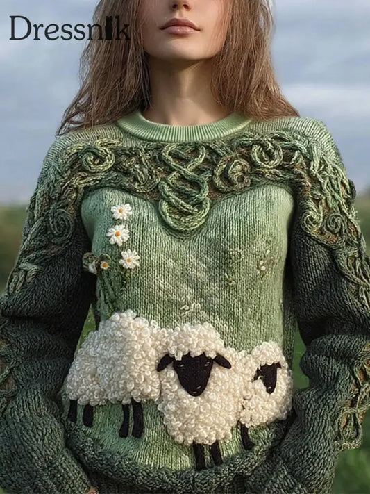 Damen niedliches fuzzy Schaf bedrucktes gemütliches reguläres Sweatshirt Grün / S