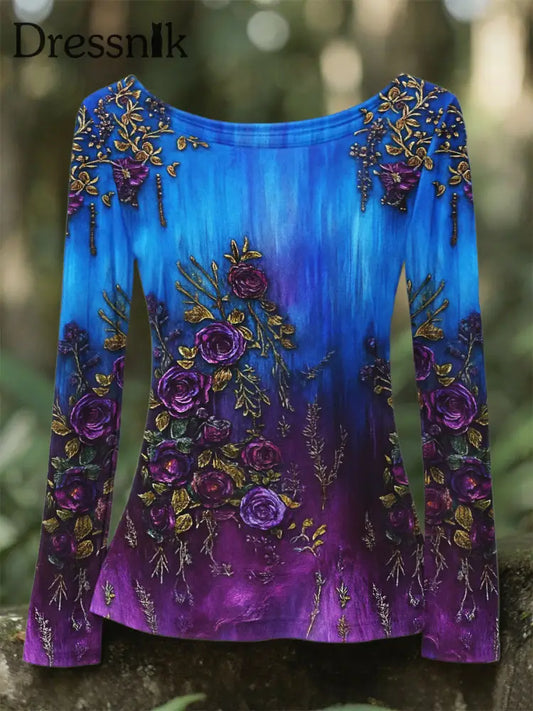 Damen Retro 3D Floral Stickerei Gradienten muster Rundhals T Shirt mit langen Ärmeln Lila / S