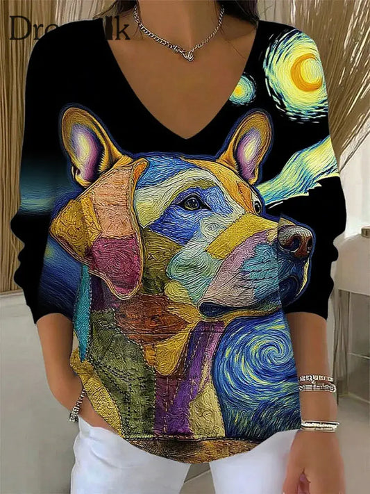 Damen Retro Animal Print Lässiges Langarm Top A / S