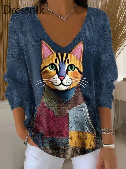 Damen Retro Animal Print Lässiges Langarm Top A / S