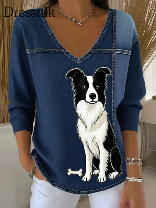 Damen Retro Animal Print Lässiges Langarm-Top A / S