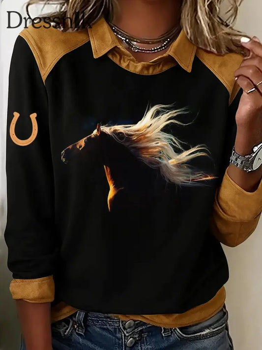 Damen Retro-Pferde druck Pferde liebhaber lÀssig Sweatshirt Schwarz / S