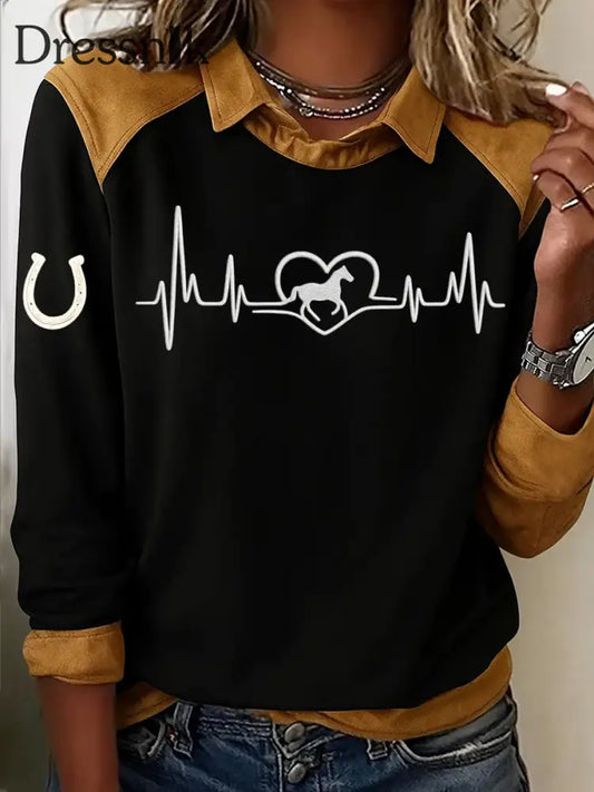 Damen Retro-Pferde druck Pferde liebhaber lässig Sweatshirt Schwarz / S