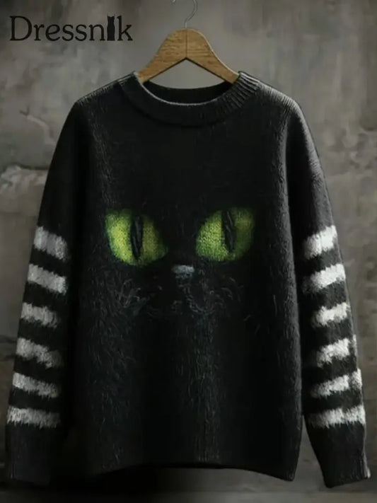 Damen Retro Schwarzer Katzen druck Lässiger Pullover A / S