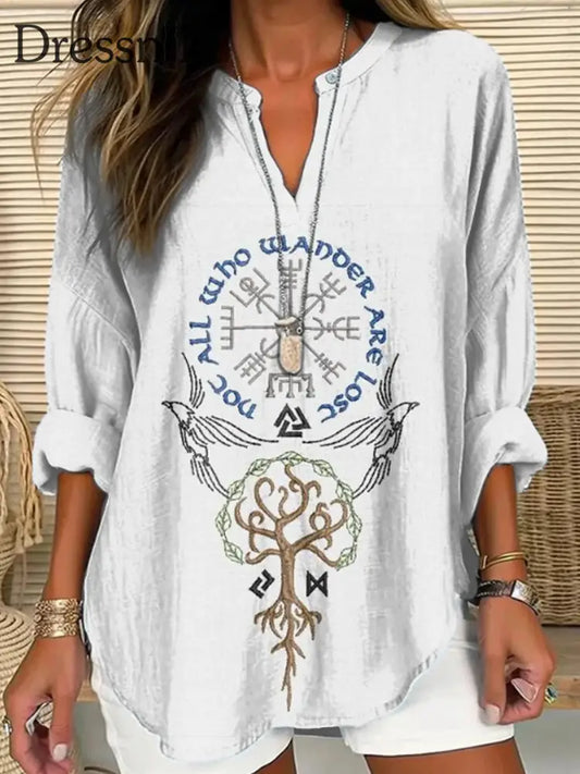 Damen Viking Rune Stickerei Muster Damen V Ausschnitt Leinen Blend Shirt Weiß / S