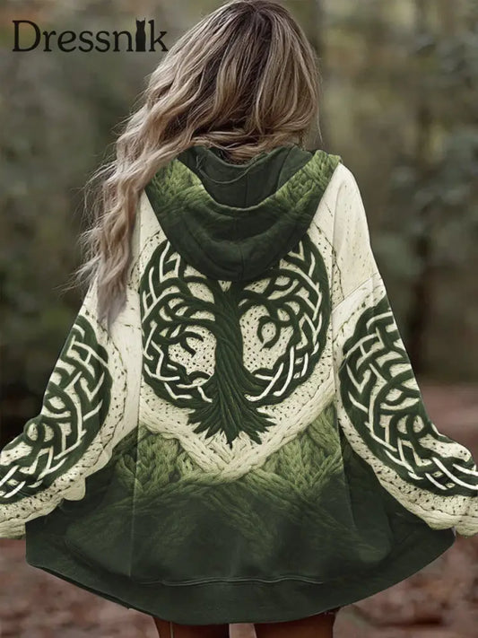 Damen Vintage Baum des Lebens keltische Steigung klobige Strickjacke mit Kapuze Grün / S