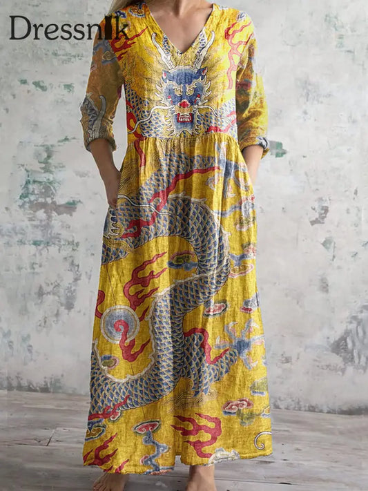 Damen Vintage Baumwoll-Taschen kleid mit Blumen druck Gelb / S