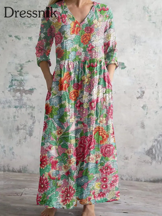 Damen Vintage Baumwoll-Taschen kleid mit Blumen druck Grün / S