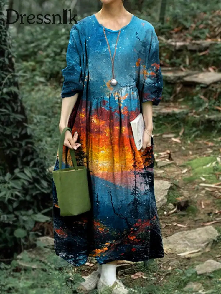 Damen Vintage Blumen kunstdruck Elegantes Baumwoll kleid A / S
