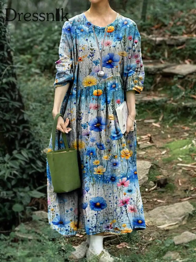 Damen Vintage Blumen kunstdruck Elegantes Baumwoll kleid A / S