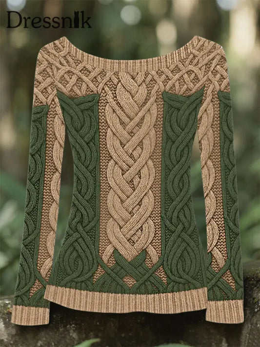 Damen Vintage Celtic Chunky Stricken Bequemes Langarm Top Grün / S