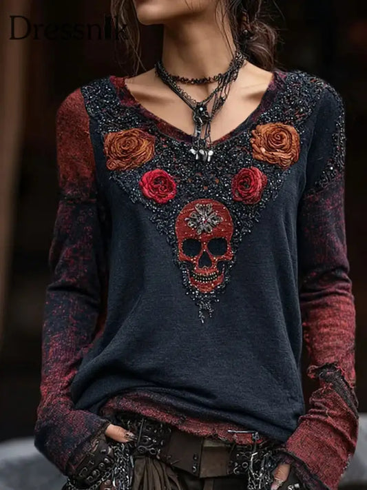 Damen Vintage Rose Skull Heißer Diamant V-Ausschnitt Langarm T-Shirt Marineblau / S
