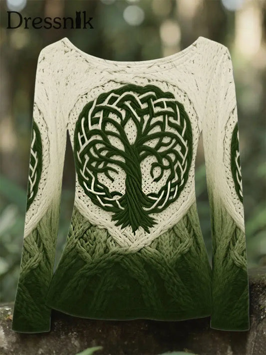 Damen Vintage Tree of Life Celtic Chunky Knit Comfort Strick-Langarm-Top Grün / S