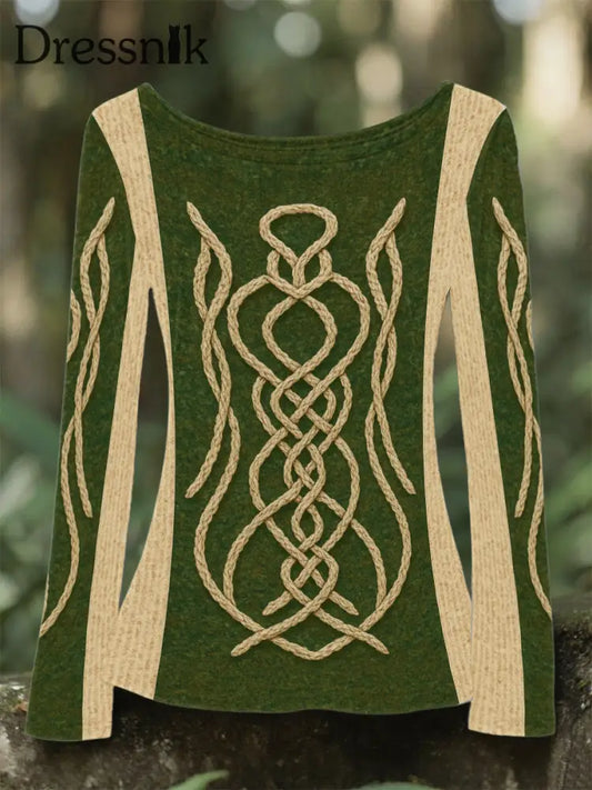 Damen Vintage Tree of Life Celtic Chunky Knit Comfort Strick-Langarm-Top Grün / S