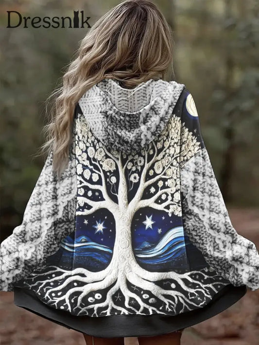 Damen Vintage Tree of Life Celtic Dick Nähte Komfortable Strick jacke mit Kapuze als bild / S