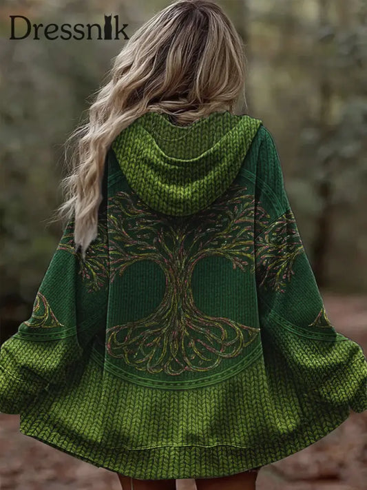 Damen Vintage Tree of Life Celtic Dick Nähte Komfortable Strick jacke mit Kapuze Grün / S