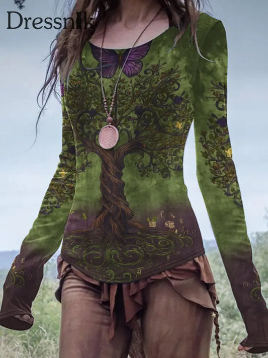 Damen Vintage Viking Keltischer Knoten Gradient Kunst Leinen Langarm Hemd Grün / S