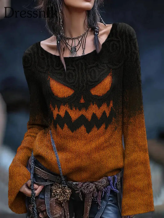 Damen Vintage Viking Tribal Keltischer Knoten Halloween Kürbis Gesichts druck Freizeit Pullover Orange / S