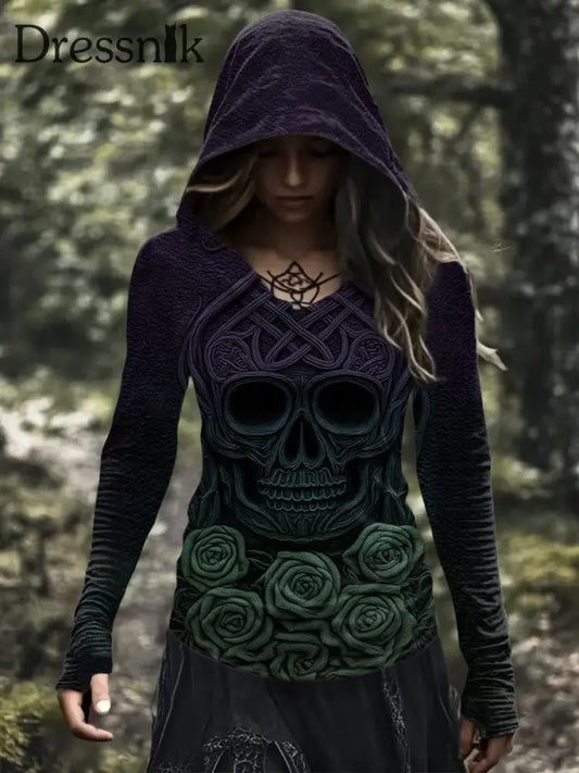 Damen Vintage Viking Tribal Keltischer Knoten Rose Skull Print Casual Hoodie Lila / S