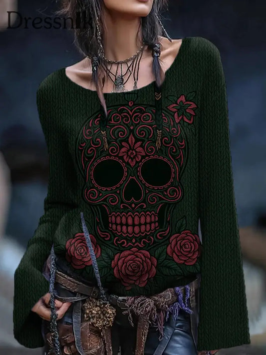 Damen Vintage Viking Tribal Keltischer Knoten Rose Skull Print Freizeit Pullover Dunkelgrün / S