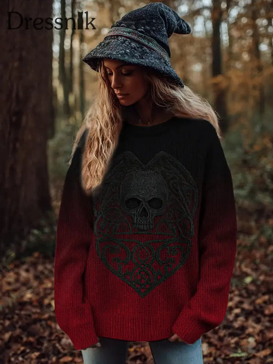 Damen Vintage Viking Tribal Keltischer Knoten Rose Skull Print Freizeit Pullover Dunkelrot / S