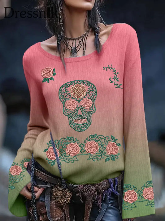 Damen Vintage Viking Tribal Keltischer Knoten Rose Skull Print Freizeit Pullover Grün-Rosa / S