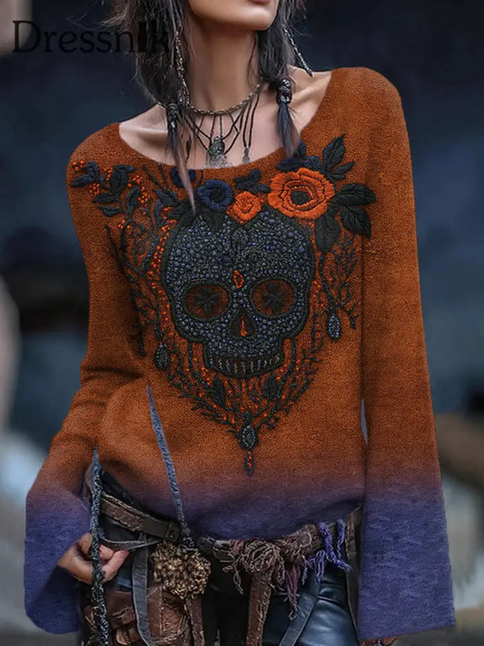 Damen Vintage Viking Tribal Keltischer Knoten Rose Skull Print Freizeit Pullover Orange / S