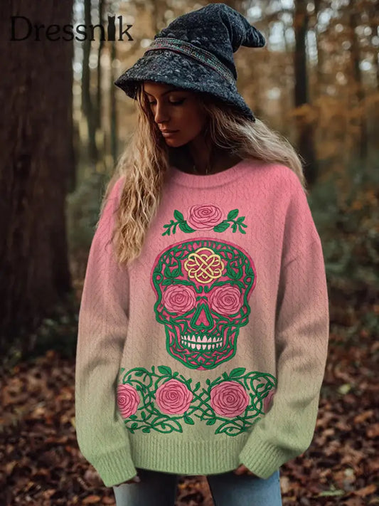 Damen Vintage Viking Tribal Keltischer Knoten Rose Skull Print Freizeit Pullover Rosa / S