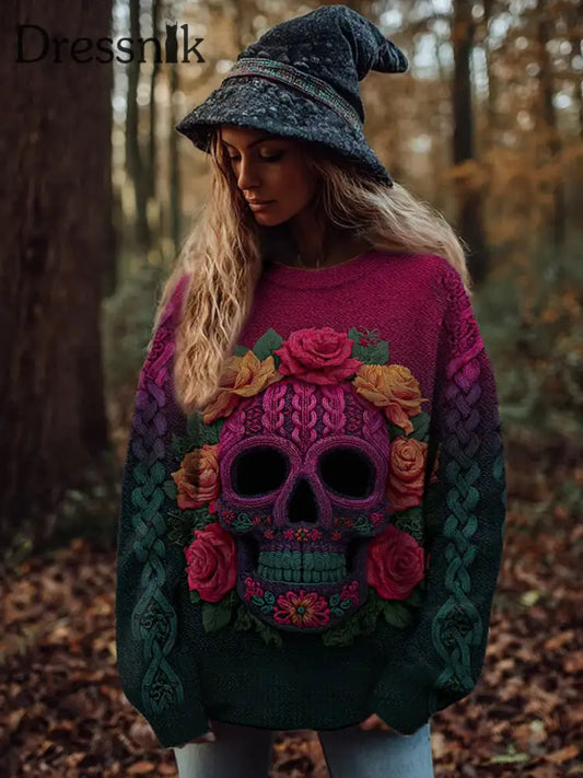 Damen Vintage Viking Tribal Keltischer Knoten Rose Skull Print Freizeit Pullover Rosenrot / S