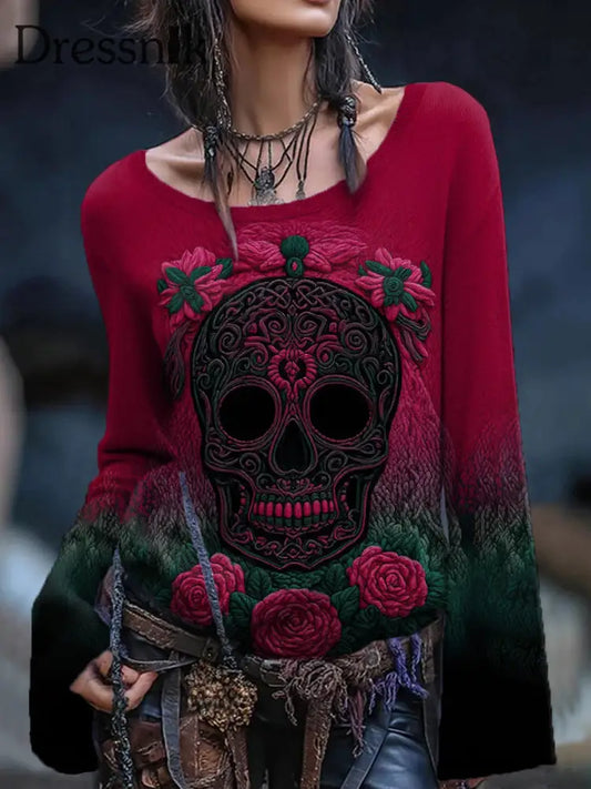 Damen Vintage Viking Tribal Keltischer Knoten Rose Skull Print Freizeit Pullover Rosenrot / S