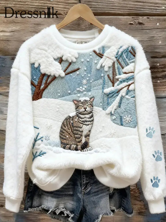 Damen Vintage Weihnachten Tier Kunst Druck Komfortable Freizeit Pullover A / S